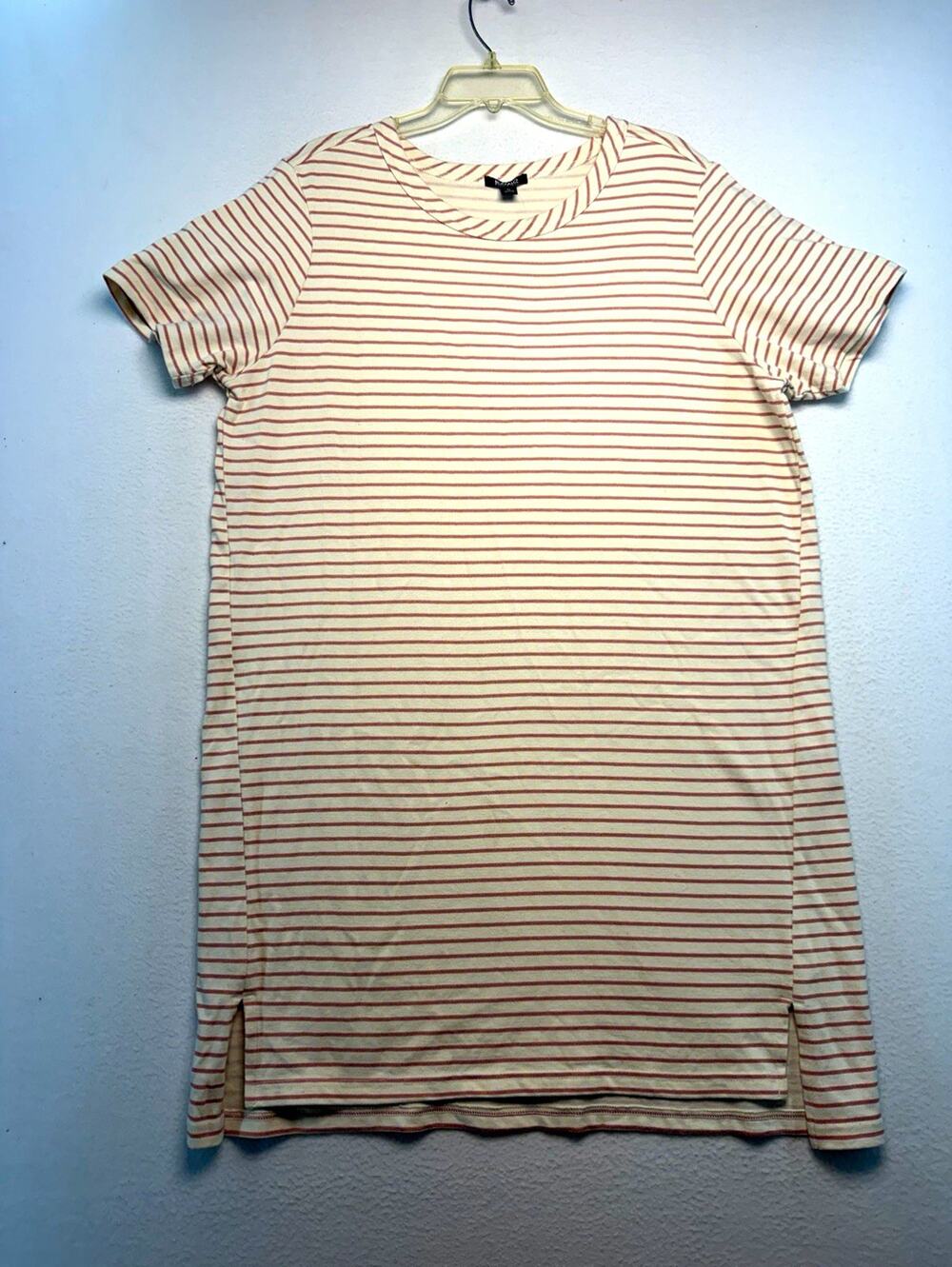 Buffalo David Bitton Women’s XL Pink Cream Striped Midi T-Shirt Dress Side Slit